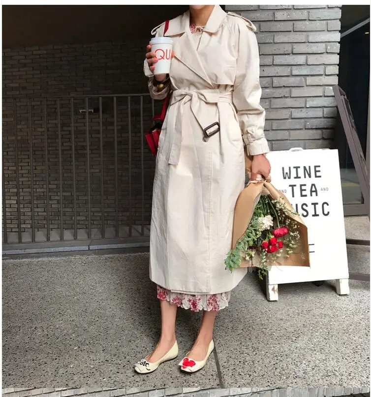 

2019 Fall /Autumn Women Casual Double breasted Simple Classic Long Trench coat with belt Chic Female windbreaker cream white