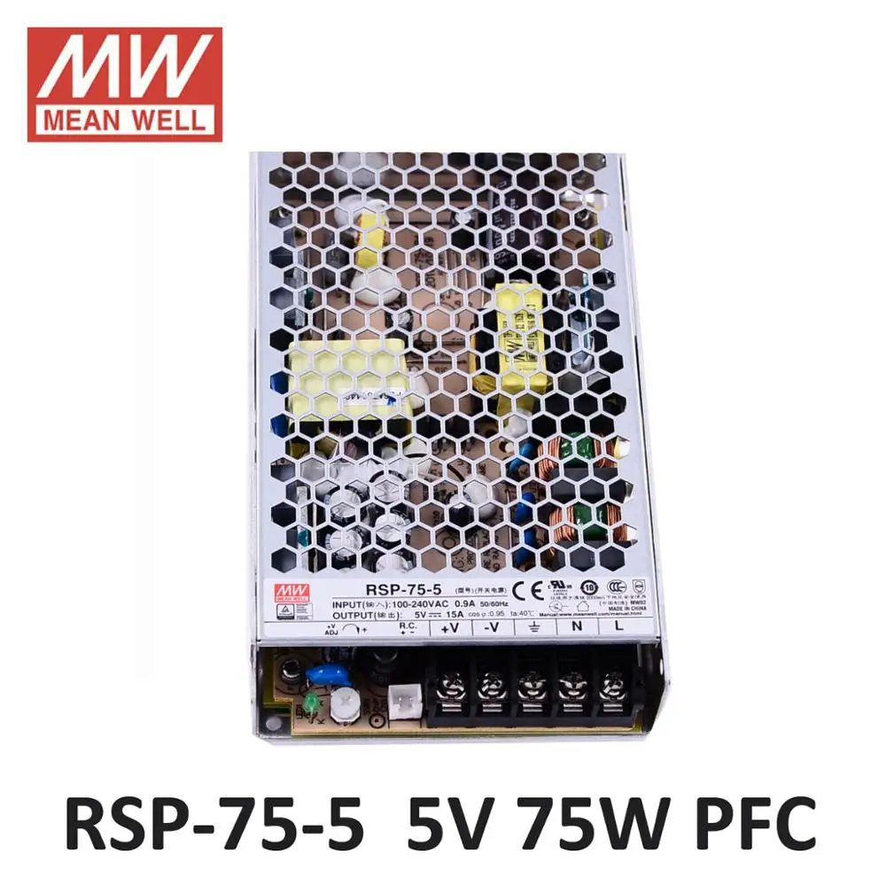 MEAN WELL RSP 75 5 импульсный источник питания В 15A Вт PFC Функция 85 264VAC входной
