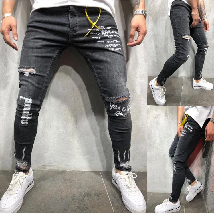 Fashion Letter Print Skinny Jeans For Men Ripped Knee Holes Strech Pencil Pants Denim Punk Pantalon Mezclilla Hombre Man Clothes Fashion Letter Print Skinny Jeans For Men Ripped Knee Holes Strech Pencil Pants Denim Punk Pantalon Mezclilla Hombre Man Clothes