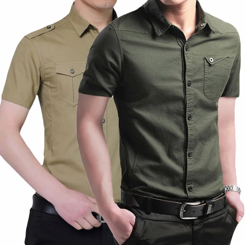 Hot Sale Men's Shirt Short Sleeve 2020 New Arrival Fashion Male Cotton Slim Fit Military Casual Business Shirts Epaulette Pocket | Мужская