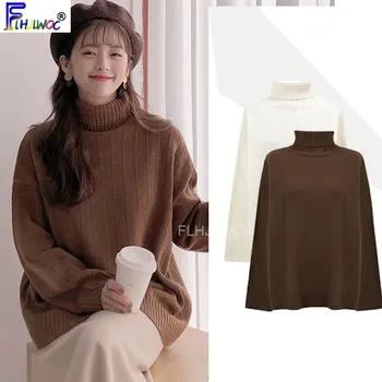 

Winter Pullovers Sweaters Basic Wear Women's Loose Plus Size Casual Knit Tops Knitted Brown Turtleneck Sweater 10227