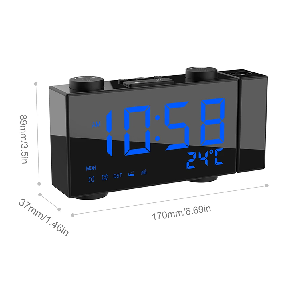Alarm Clock Digital Table Clock with Projection FM Radio Dual LED Clock Projector Electronic Desk Clocks with Snooze Thermometer - Цвет: Blue light