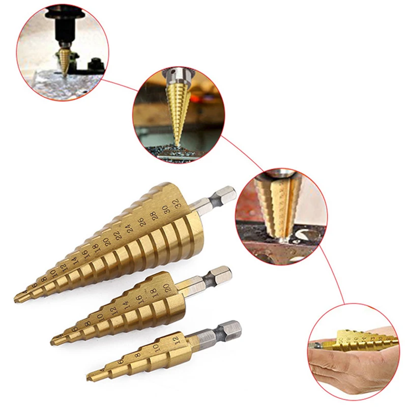 

HSS Straight Groove Spiral Step Drill Bit Titanium Coated Wood Metal Hole Cutter Core Drilling Tools Set 4 Models 4-12 4-20 4-32