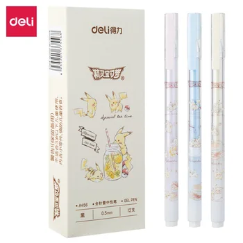 

Deli 12pcs cute cartoon gel pens 0.5mm black gel-ink pen for student writing stationery gel pen 3 colors school office supplies