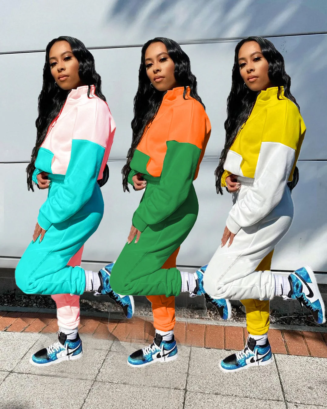 

Color Block Tracksuit Woman Long Sleeve Stand Collar Sweatshirt With Pockets And Joggers Sweatpants 2020 Autumn Two Piece Suit