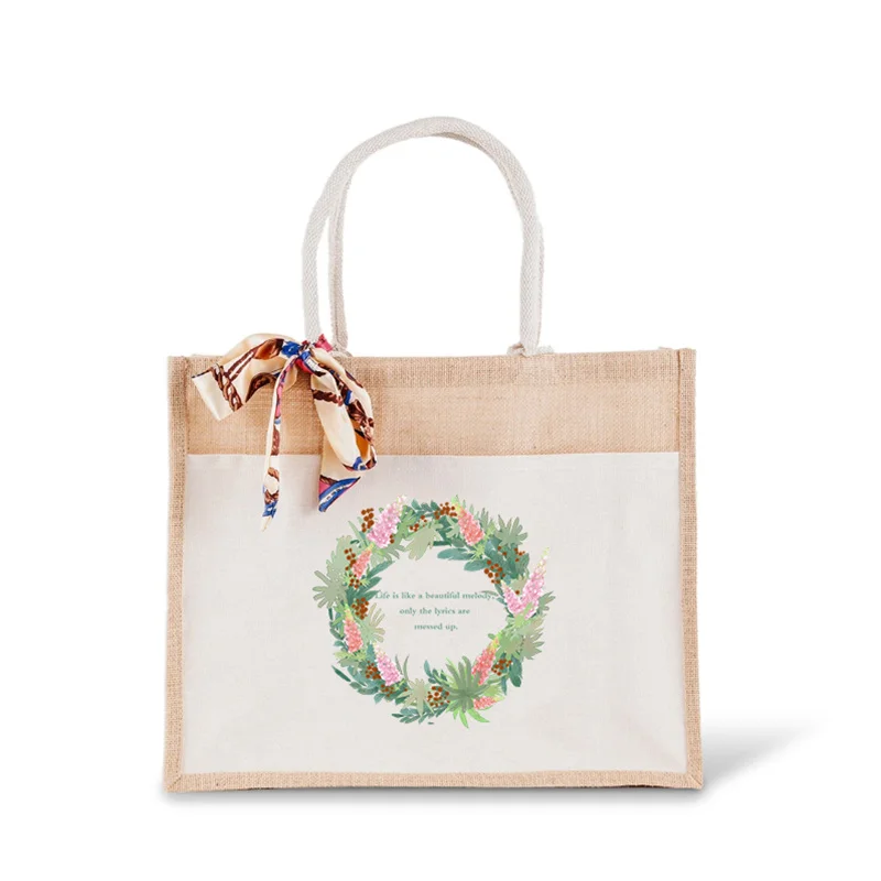 

100Pcs/Lot Pretty Beach Bag Jute Cotton Straw Large Beach Tote Bag with Bow Handmade Weaving Shoulder Bag Waterproof Bag Handbag