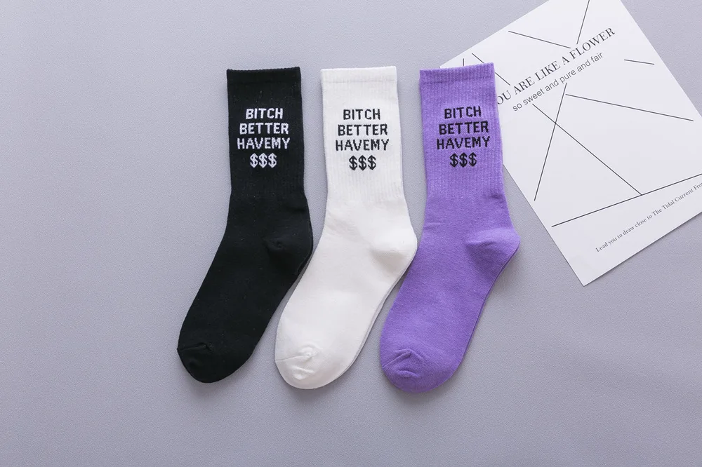 Fashion Socks Men Casual Letters Print Cotton Long Socks Harajuku Hip Hop Sakte Board Funny Socks Unisex Street Socks 3 Pairs