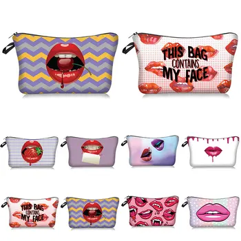 

Sexy Pouch Organizer Toiletry Tool Cosmetic Bag Red Lip 3D Printing Makeup Bags With Multicolor Pattern Beautician For Travel