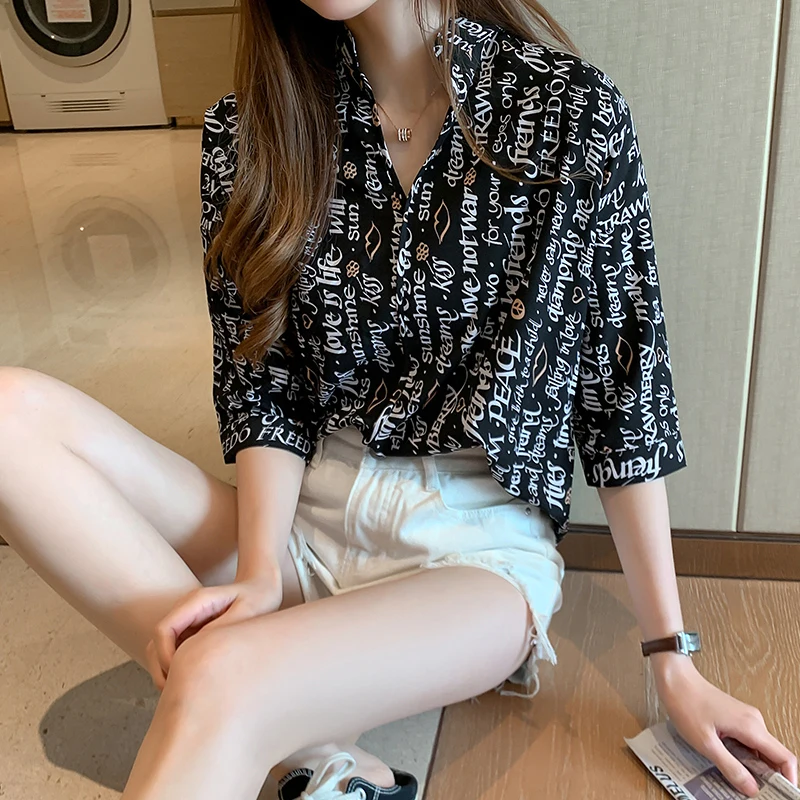 2020 Summer New Print Letter Oversize Shirt Women Blusas Mujer De Moda Boyfriend Style Black Funny Shirt Womens Tops Oversized