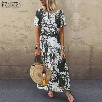 

2020 Vintage Print Women Dress ZANZEA Female Casual Short Sleeve Cotton Maxi Vestidos Elegant Lady Summer Sundress Long Kaftan