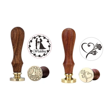 

2 Pcs Vintage Handle Stamp Wooden Wax Seal for Wedding Invitation Letter Card Envelope, No.4 & W11