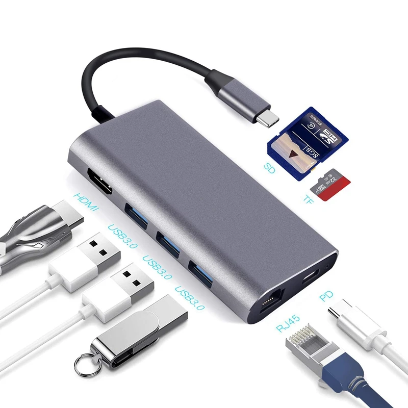 Usb C концентратор 8 в 1 Rj45 Порты и разъёмы, 4K кабель-Переходник Usb C на Hdmi, 3 Порты Usb 3,0, Tf/Micro-Sd кард-ридер, Usb-C Мощность доставки, Тип C концентратор адаптера
