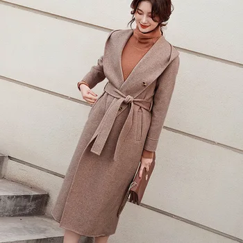 

Korean Style Wool Long Woolen Coat Autumn Winter Warm Hooded Coat With Invisible Button 2020 Women Overcoat With Belt