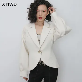 

XITAO White Pleated Blazer Fashion New Single Breast Full Sleeve Pocket 2020 Spring Goddess Fan Casual Loose Coat DMY2398