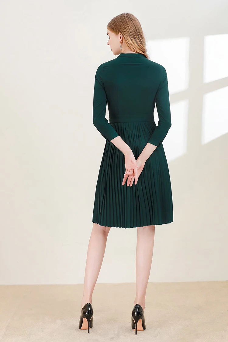 SEQINYY Dark Green Dress Summer Spring New Fashion Design Women 3/4 Sleeve Pleated Cherry Brooch Office Lady Dress