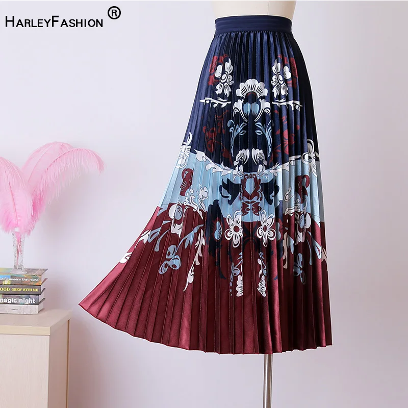 HarleyFashion элегантная винтажная юбка в стиле бохо с эластичной резинкой на талии Европейский полиэстер плиссированные юбки с принтом высокого качества