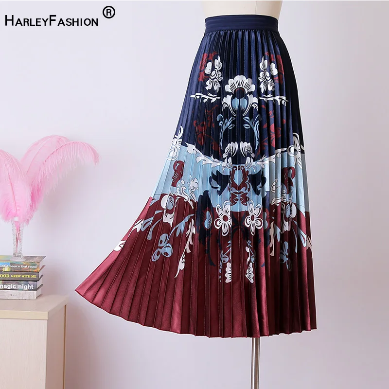 

HarleyFashion Elegant Vintage Bohemian Skirt Elastic Waist European Polyester Pleated Print Skirts High Quality