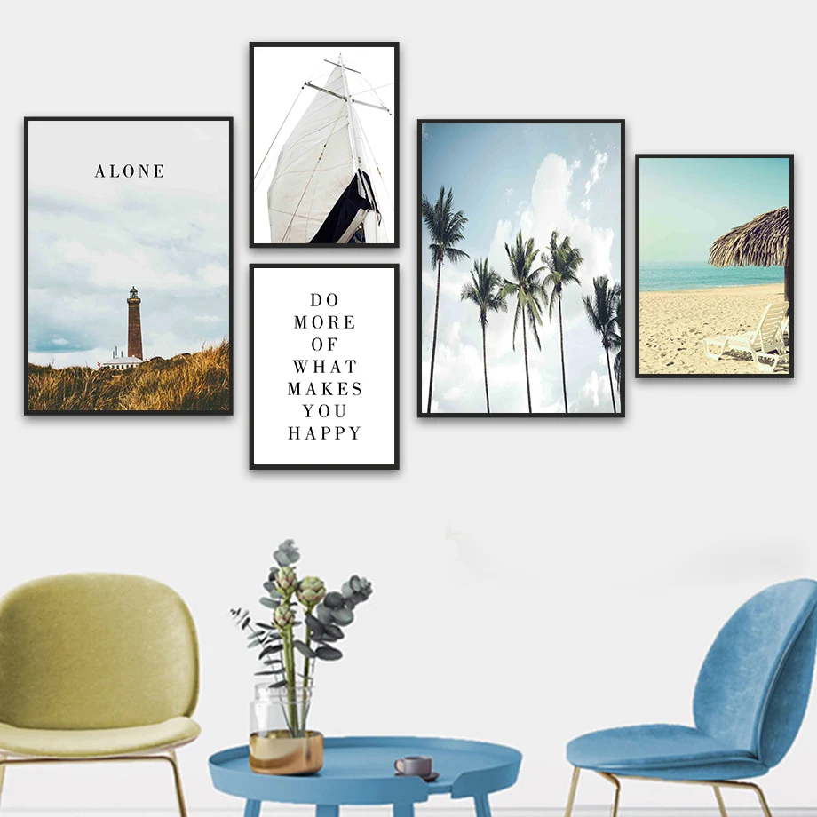 Sailboat Beach Coconut Tree Lighthouse Wall Art Canvas Painting Nordic Posters And Prints Pictures For Living Room Decor | Дом и сад