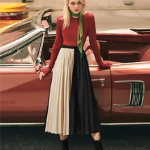 JINGRUI Новинка осени Для женщин из шифона контрастного Плиссированное шифоновое студенческое консервативное платье с вышивкой макси юбка