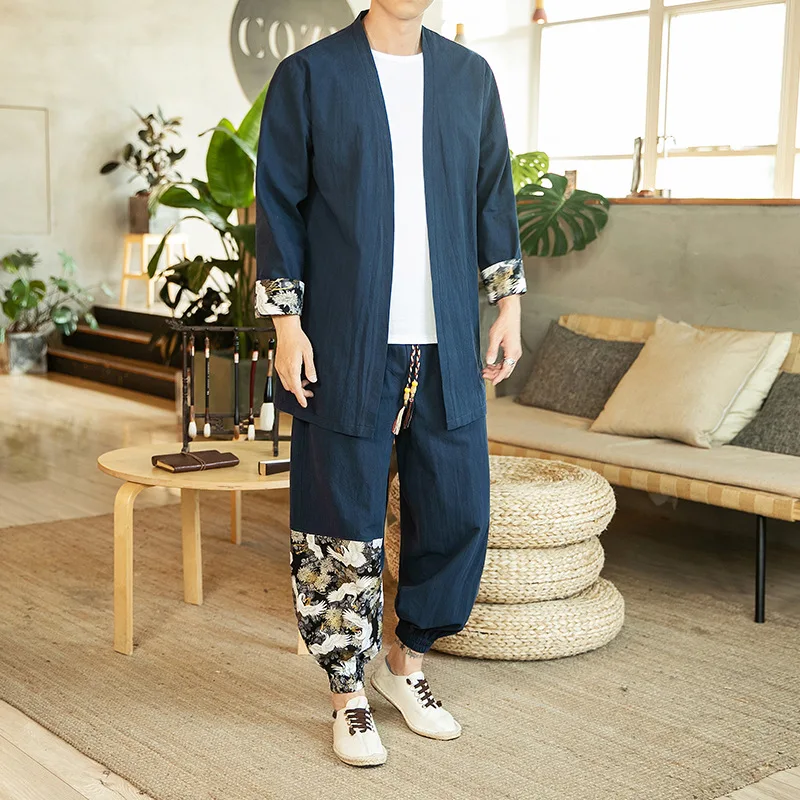 

Chinese-style Set Autumn Antique Style Coat Men's Stand Collar Frog Chinese Style Chinese Costume Two-Piece Set Popular Brand Re