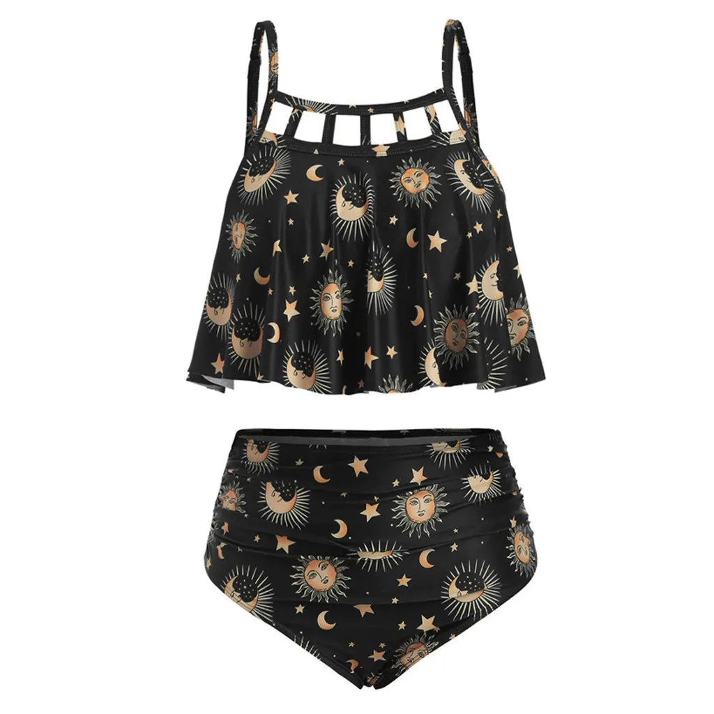 

Plus Size Swimwear 2021 Sexy Two Piece Summer Bikini Set Hollow Backless Printed Ruffle Bathing Suit for Women K