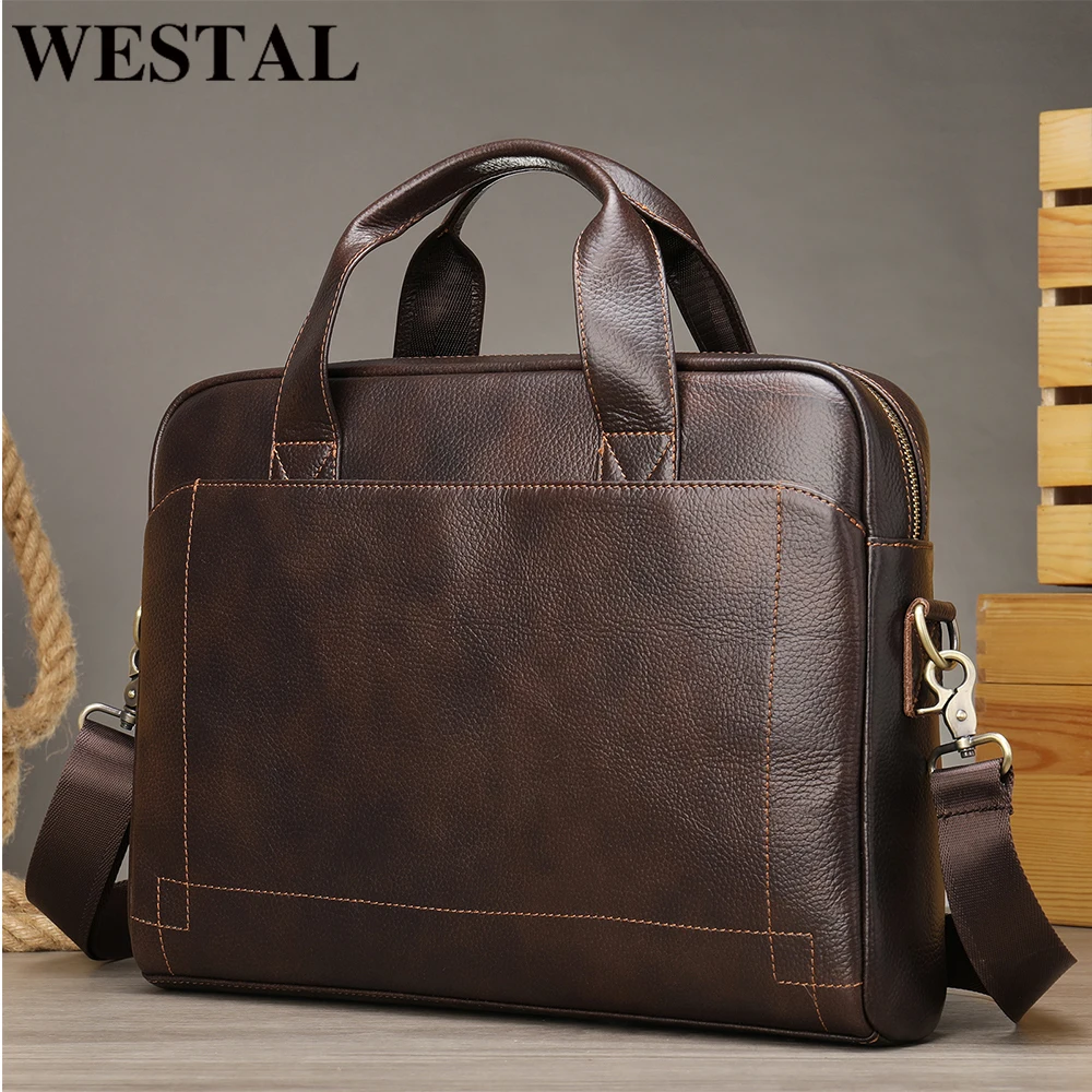Leather Briefcase Document Bag WESTAL Men's Genuine Leather Laptop Bag Men's Briefcase Office Bags For Men Natural Leather Briefcase Porte-Documents Bags 5006