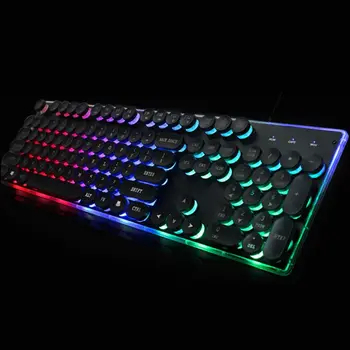 

Gaming Keyboard Round Glowing Keycap Metal Panel Backlit USB Wired Keyboard Game Office Home Illuminated Border Keypad