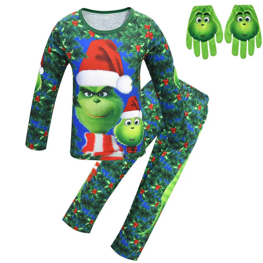 Детский карнавальный костюм Grinch, пижама с маской+ шарфом+ перчатками, домашний комплект для мальчиков, Рождественская одежда, одежда для сна для мальчиков, одежда для сна