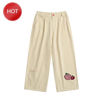 

Design Casual Loose Women Pant Capris Cotton Beige Cotton Straight-leg Trousers Ankle-length Pants Fruit Embroidery Summer New