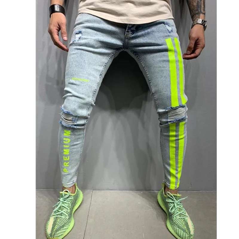 Рваные Брюки-Карандаш мужские зауженные джинсы в байкерском стиле с полосками