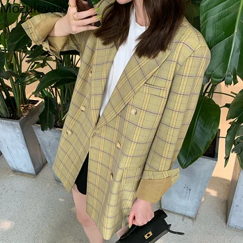 

Mozuleva Office Ladies Plaid Women Blazer Double Breasted Blazer Jacket Femme 2020 Spring Vintage Loose Female Suits Jacket
