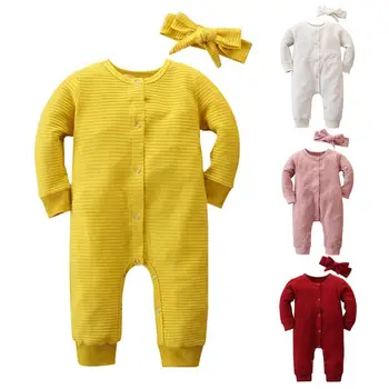 

Leisure Baby Girls Rompers Round Neck Button Long Sleeve Comfortable Soft Simplicity Newborn Jumpsuits Headband Autumn Outfits
