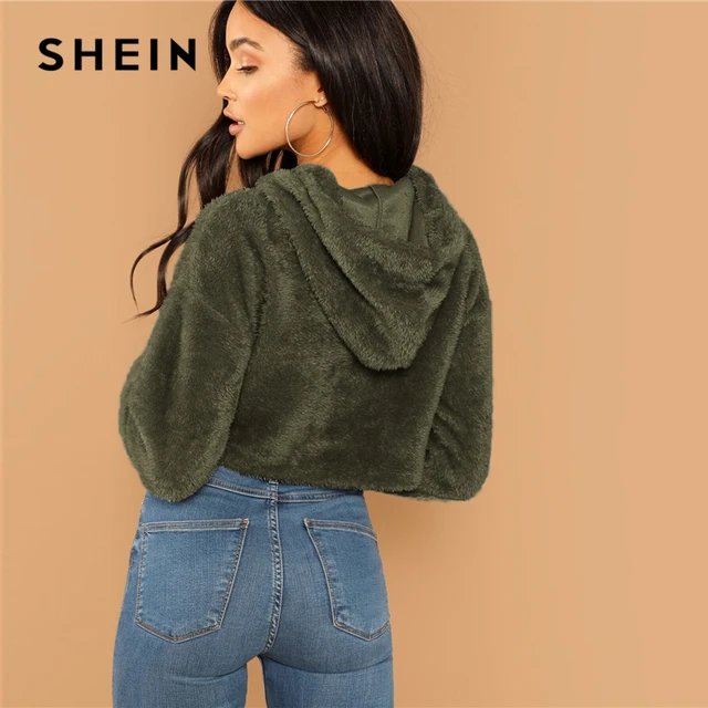 SHEIN Grey Minimalist Solid Drop Shoulder Crop Teddy Hoodie Sweatshirt Autumn Casual Fashion Women Pullovers Sweatshirts 6