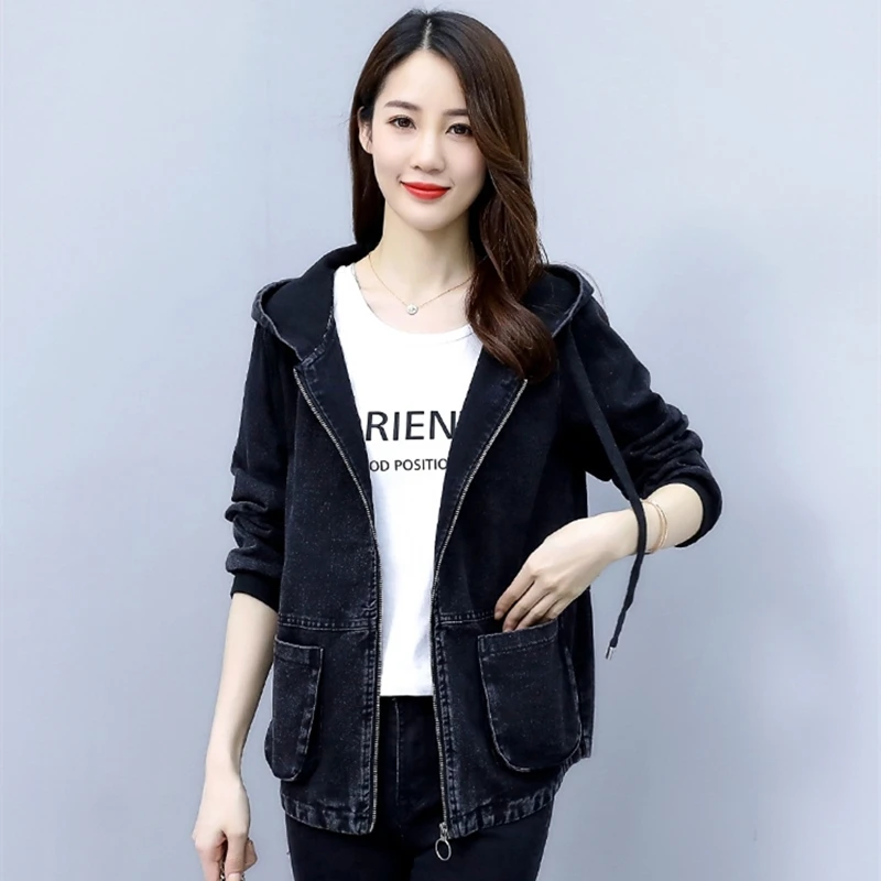 

Autumn Winter Hooded Zipper Jacket For Women 2020 Korean Casual Black Woman Jeans Jackets and Coats Plus Size Loose Fashion Coat