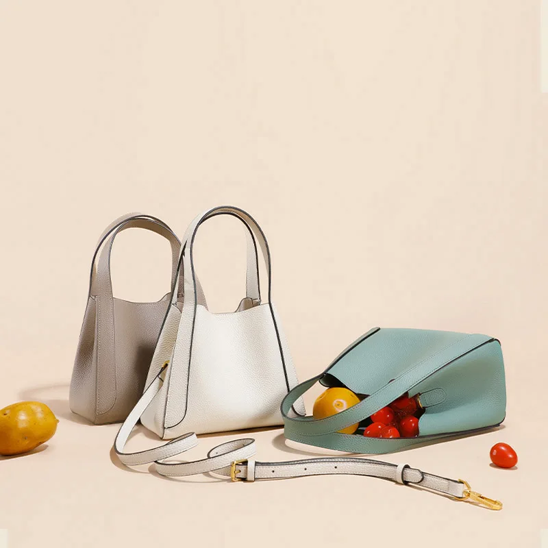 

Luxury Genuine Leather Women Bucket Bag 2022 New Fashion Ladies Crossbody Shoulder Bag Simple Solid Color Hasp Handbag
