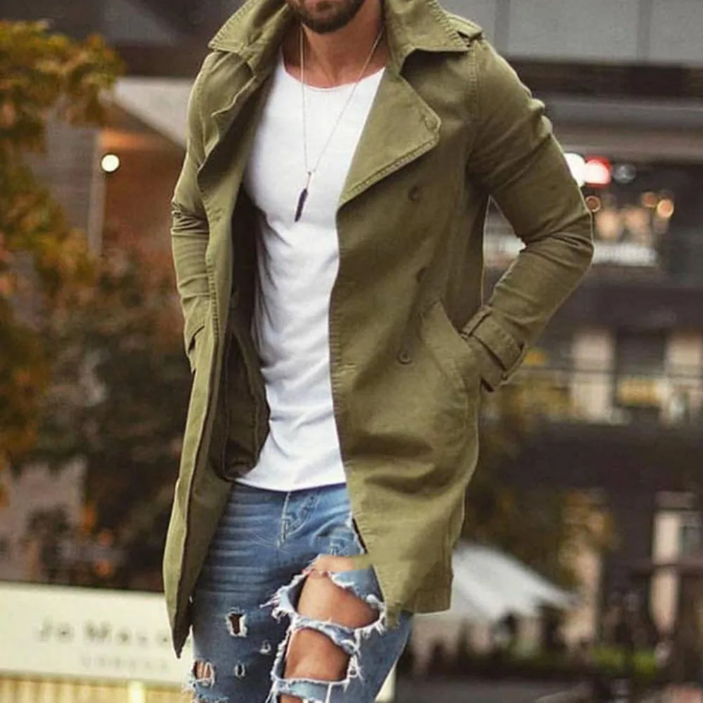 

Men Trench Coat Spring Autumn Long Sleeve Plus Size 2XL Black Causal Slim Outwear Windbreaker Long Overcoat Men's Coat 5 Colors