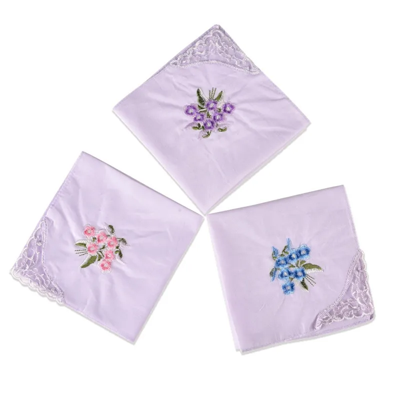 Description Picture 5 of item3Pcs 28x28cm Cotton Flower Embroidered Lace Hankie Towel Lady Handkerchiefs Women Washable Pocket Random Color