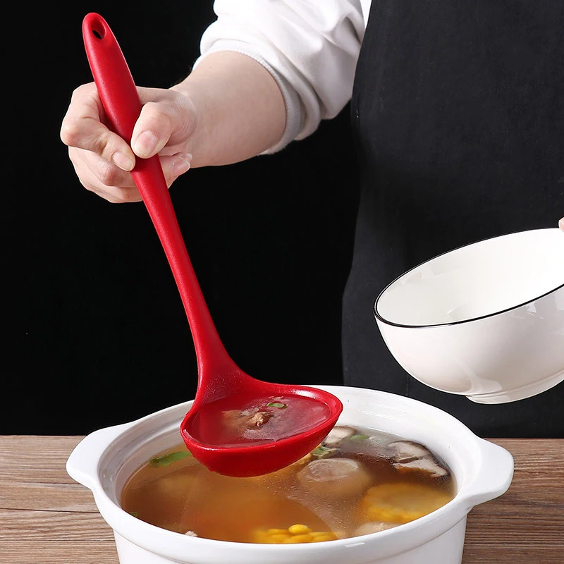 Non-Stick Silicone Ladle Soup Spoon Flexible Scoop Spoons Curved Handle Heat Resistant Round Scoop Cooking Utensils Kitchen Tool