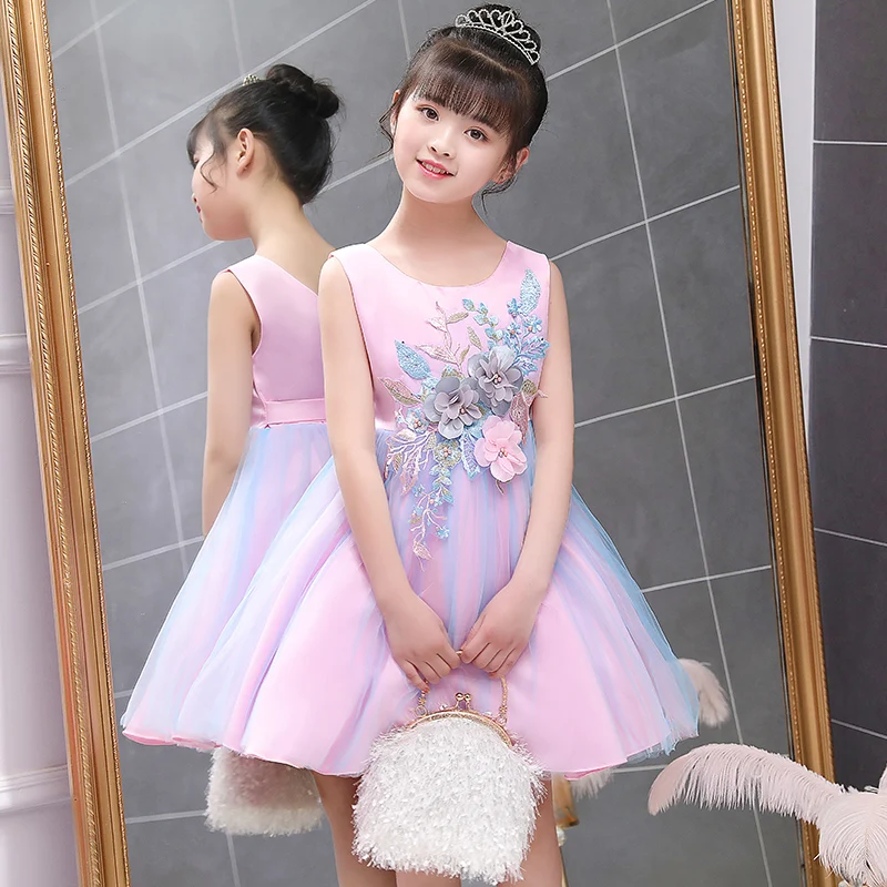 Милое розовое фатиновое кружевное бальное платье с цветами для маленьких девочек, праздничное платье принцессы элегантные Детские платья для дня рождения, свадьбы, От 3 до 12 лет, BW304