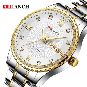 

ARLANCH Vacuum plated Couple Lovers Romantic Diamond Luxury Wristwatch Week Calendar Stainless Steel Waterproof Students Watches