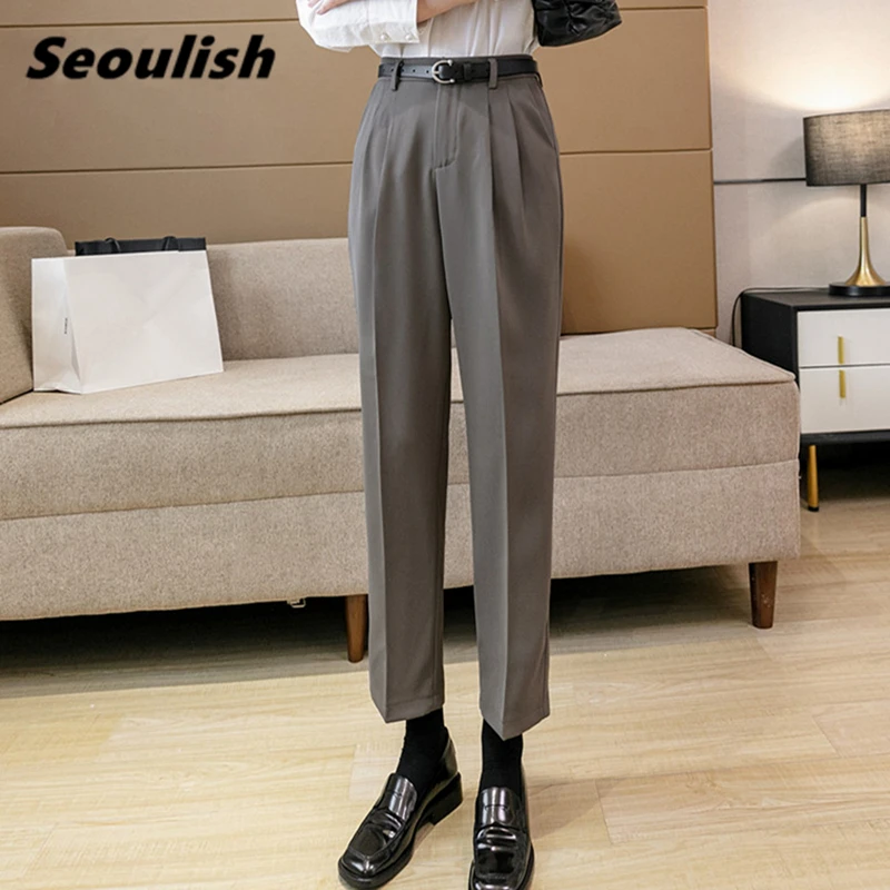 

Seoulish Spring Autumn Formal Women's Pants with Belted 2021 New High Waist Solid Elegant Office Workwear Harem Trousers Female