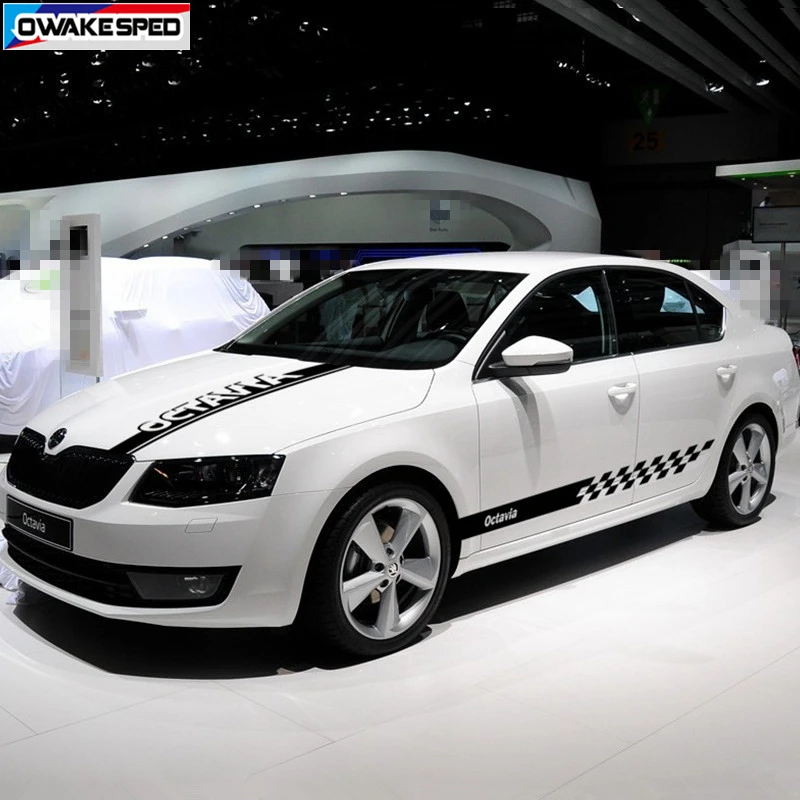 1set Car Body Sticker Hood Bonnet Door Side Skirt Stripes For-Skoda Octavia Racing Sport Graphics Both Side Auto Accessories