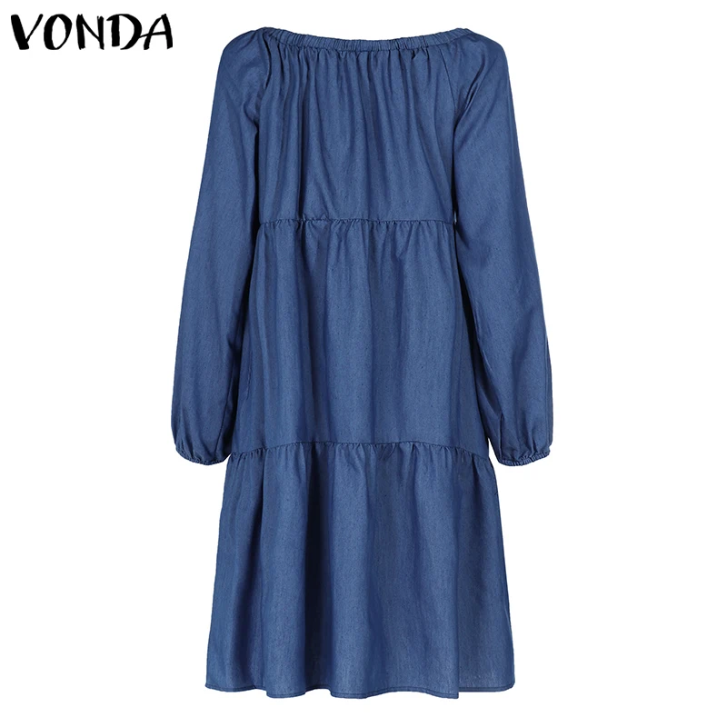 Plus Size Denim Dress Bohemian Women Autumn Long Lantern Sleeve Knee-Length Dress Casual Vestido Off Shoulder Sundress