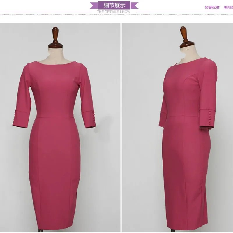 Осень 3/4, рукав, бант, открытая спина, сексуальное, карандаш, Vestidos, длина до колена, облегающее, розовое, с разрезом, вечерние, женское платье