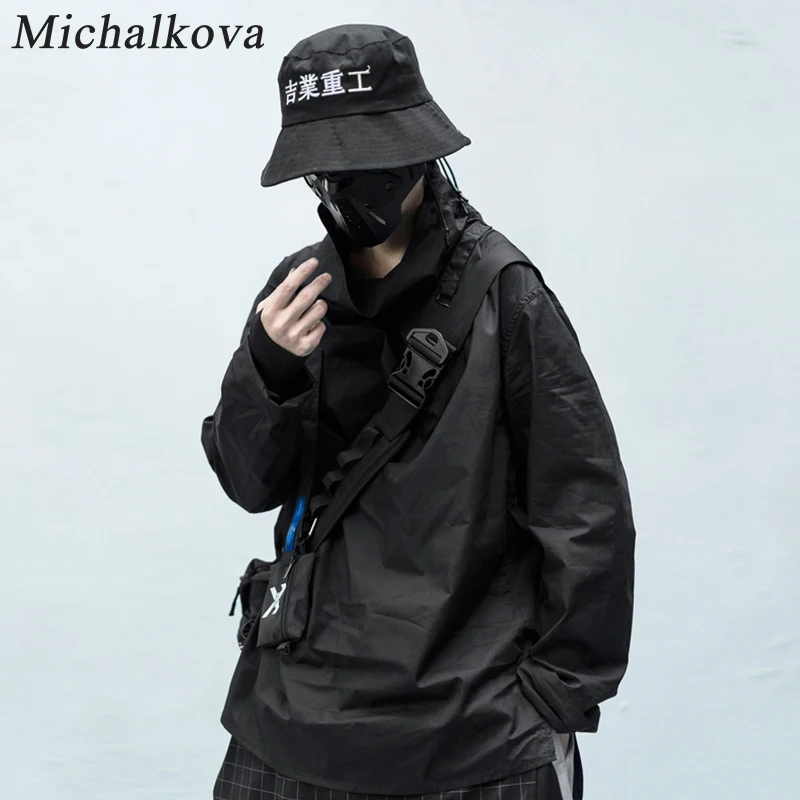 

michalkova Japanese mechanical Streetwear Man Hoodies Hip Hop Embroideried Pullover Patchwork Tops Techwear Hoodies punk Thin