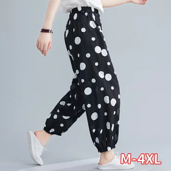 

Fashion Woman Linen Pants Spring Summer Dot Print High Waist Wide Leg Bloomers Women Loose Bunch Trousers Leg Pant Elastic Waist