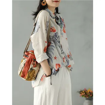 

Spring new long-sleeved shirt ramie digital printing female retro literary loose large size tops single breasted notched