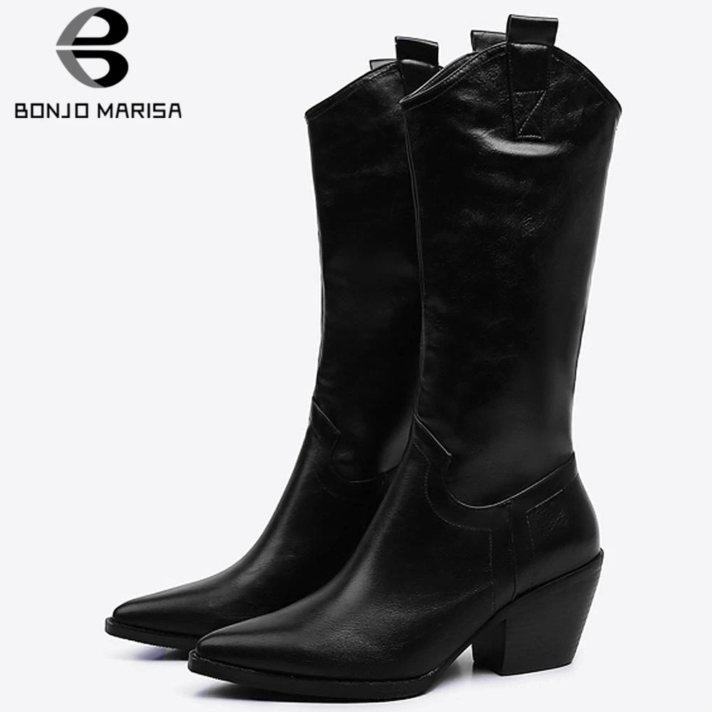 BONJOMARISA/модные ботинки в западном стиле, большие размеры 33-45 женские зимние сапоги до середины икры с острым носком г. Женская обувь на высоком каблуке