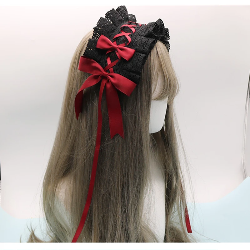Lovely Bowknot Sweet Hair Hoop Anime Maid Cosplay Headband Lolita Lace Flower Headwear Accessory Hand Made