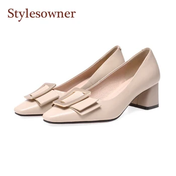 

All-Match Square Toe Apricot High Heels 2020 Spring/Summer New Leather Shallow Thick Heel Temperament Mid-Heel Work Shoes Women
